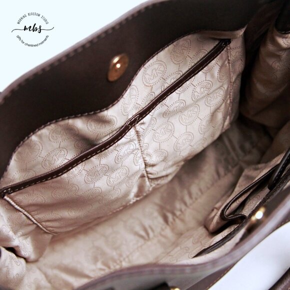 Michael Kors Hamilton Saffiano Chain Leather Brown Gold Shoulder Tote Bag Duster - Picture 11 of 16